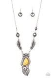 Ruler of The Roost - Yellow - Paparazzi Accessories - Item #P2SE-YWXX-186XX Featuring sunburst patterns, a dainty collection of silver beads connect to two silver feather frames that give way to a one-of-a-kind yellow stone pendant. Embossed in floral and leafy patterns, the sunny stone pendant gives way to a stationary fringe of overlapping silver feathers for a whimsical finish. Features an adjustable clasp closure.  Sold as one individual necklace. Includes one pair of matching earrings.