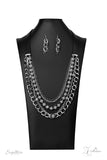 The Arlingto - 2020 Zi Signature - Paparazzi Accessories  Attached to two strips of black leather, strands of bedazzled white rhinestone encrusted silver beads drape between an exaggerated display of mismatched silver and gunmetal chains down the chest. With its edgy sparkle, grunge meets glamour in this heart-stopping statement-maker. Features an adjustable clasp closure.  Named after 2020 Rock the Runway winner, Jose Arlingto L.  Sold as one individual necklace. Includes one pair of matching earrings.