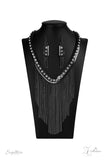 The Alex - 2020 Zi Signature - Paparazzi Accessories  A sassy curtain of mismatched gunmetal chains tapers from the bottom of a dramatic row of glassy white rhinestones that have been delicately fastened to an edgy row of flattened gunmetal chain. The exaggerated fringe cascades down the chest, resulting in a dauntless attitude that demands attention with every swish of the fearless fringe. Features an adjustable clasp closure.  Named after 2020 Rock the Runway winner, Alex M.  Sold as one individual neckla