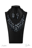 The Heather - 2020 Zi Signature - Paparazzi Accessories Row after row of metallic blue beads (also known as our "Oil Spill") swing from an edgy net of glistening gunmetal links, layering into an edgy fringe below the collar. Featuring flashy faceted edges, the mesmerizing beads spark and sizzle into a conflagration of sparkle below the collar. Features an adjustable clasp closure.  Named after 2020 Rock the Runway winner, Heather M.  Sold as one individual necklace. Includes one pair of matching earrings.