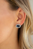 Floral Glow - Blue A glittery ring of dainty white rhinestones spins around a blue rhinestone center, creating a sparkling floral frame. Earring attaches to a standard post fitting.  Sold as one pair of post earrings.