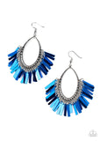 Fine-Tuned Machine - Blue - Paparazzi Accessories -  Item #P5ED-BLXX-032XX Featuring a shiny blue metallic finish, flat rectangular rods dangle from the bottom of a textured silver frame, creating an edgy fringe. Earring attaches to a standard fishhook fitting.  Sold as one pair of earrings.