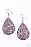 Indie Idol - Purple - Paparazzi Accessories -  Item #P5WH-PRXX-172XX Brushed in a vivacious purple finish, vine-like filigree climbs a shimmery silver teardrop for a whimsical look. Earring attaches to a standard fishhook fitting.  Sold as one pair of earrings.