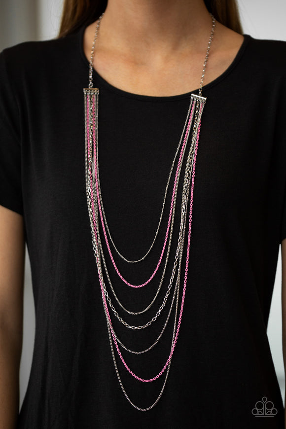 Radical Rainbows - Pink Mismatched silver chains alternate with dainty pink chains down the chest, creating a colorful industrial look. Features an adjustable clasp closure.  Sold as one individual necklace. Includes one pair of matching earrings.