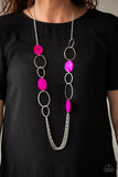 Kaleidoscope Coasts - Pink - Paparazzi Accessories  Brushed in a shell-like iridescence, a collection of flat pink beads and mismatched silver hoops give way to layers of silver chains down the chest for a whimsical look. Features an adjustable clasp closure.  Sold as one individual necklace. Includes one pair of matching earrings.