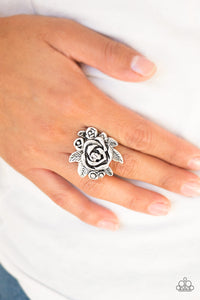 Bouquet Bonanza - Silver Featuring lifelike textures, a rosy bouquet blooms atop the finger for a whimsical floral look. Features a stretchy band for a flexible fit.  Sold as one individual ring.