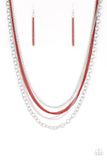 Intensely Industrial - Red - Paparazzi Accessories -  Painted in a robust finish, shiny red chains join a collision of silver chains below the collar for a daring industrial look. Features an adjustable clasp closure.  Sold as one individual necklace. Includes one pair of matching earrings.